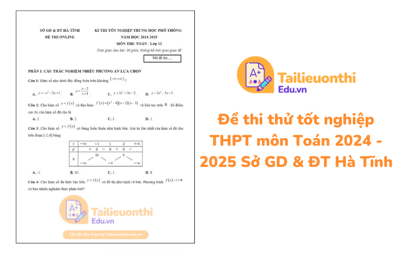 Đề thi thử tốt nghiệp THPT môn Toán 2024 - 2025 Sở GD  ĐT Hà Tĩnh